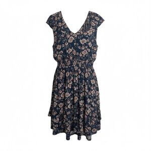 American Rag Floral V Neck Ruffle Sleeveless A Line Dress Navy Blue Large